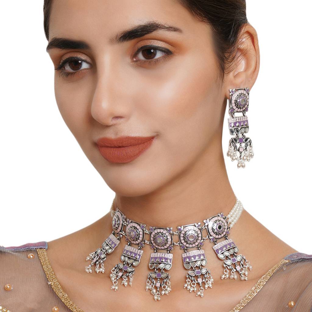 Festive Hues Faux Pearls And Mirror Work Oxidised Silver Plated Brass Jewellery Set : 8905124466232