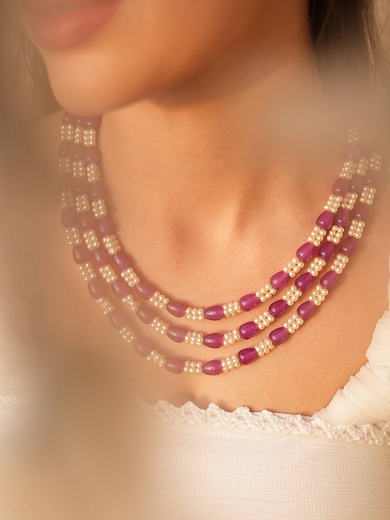 3-Layered Purple And White Beads Necklace Set : 980NKS24RM