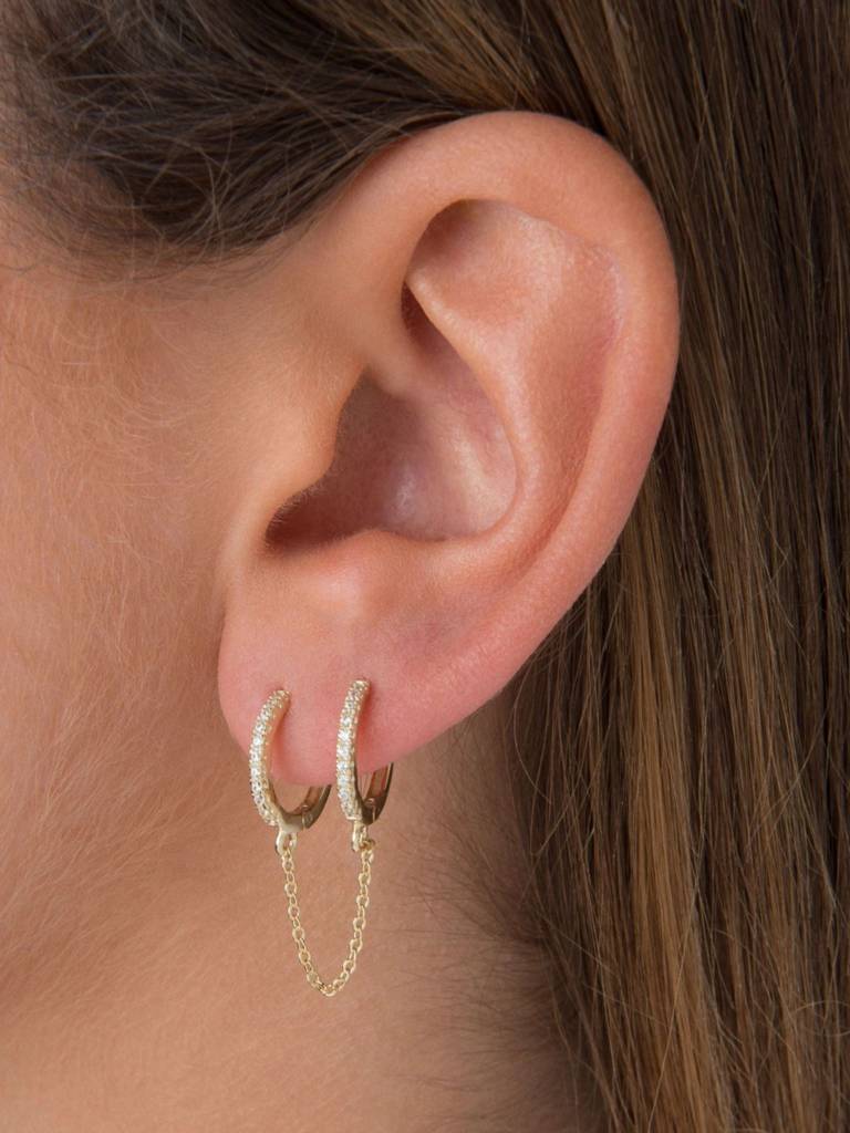 18K Plated Anti-Tarnish Dual Zircon Huggie Ear Chain Earrings For Sinlge Ear : AWU0726E282