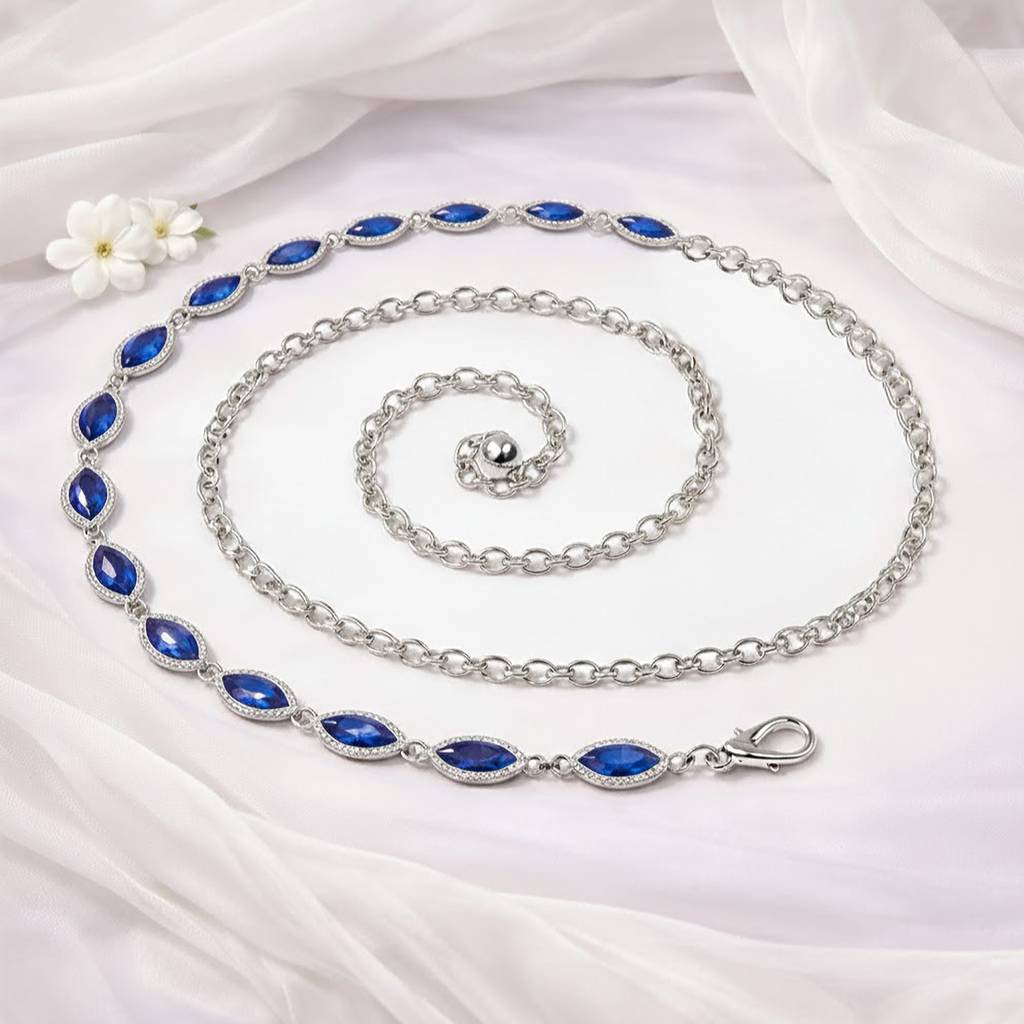 Cubic Zirconia & Crystals Studded Silver Plated Fancy Kamarbandh Belly Chain Waist Chain Jewellery For Women & Girls : PX9BCH76B