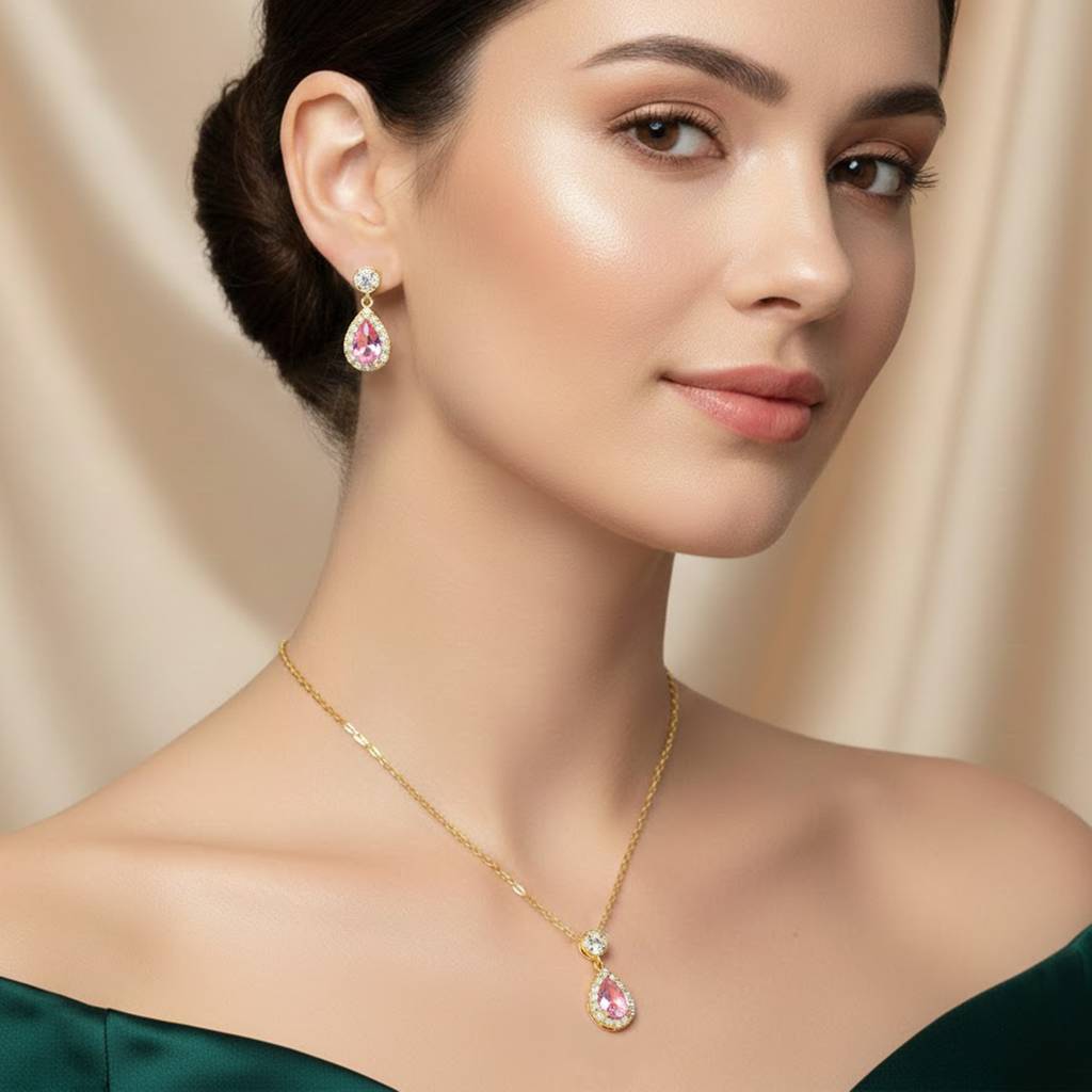 Pink Tear Drop Pendant Chain Necklace Earrings Set For Women & Girls | Gold Plated | Crystals & Cubic Zirconia St : PX9PS66GPK