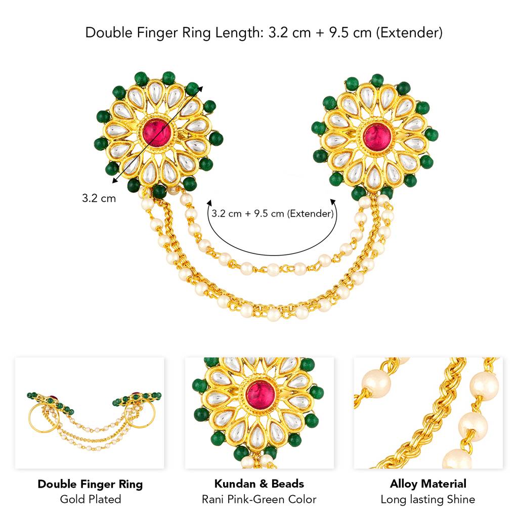 Gold Plated Red Green Kundan & Beads Studded Adjustable Twin Finger Ring Fashion Ethnic Jewellery For Women & Girls : PF104R11RG