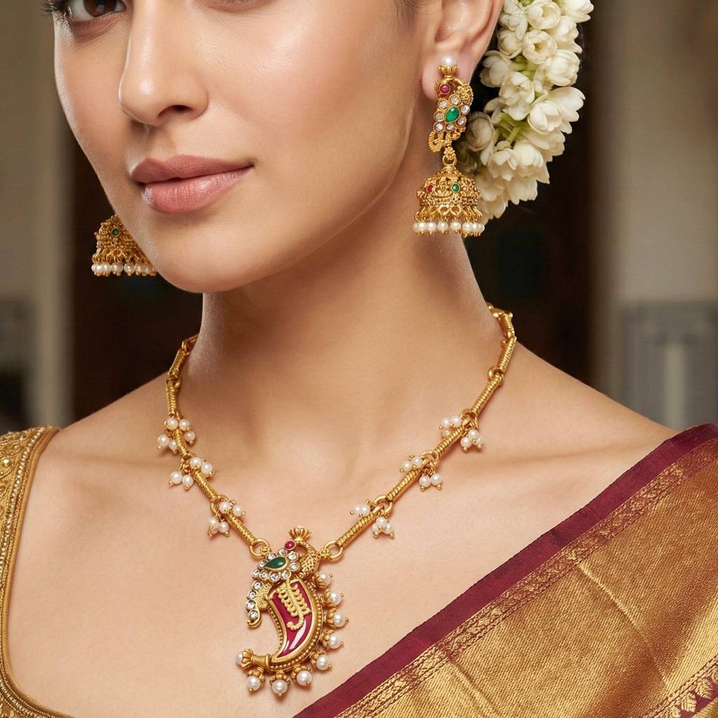 Traditional Gold-Tone Pendant Necklace Set With Jhumka Earrings | Pink Enamel Meenakari Detailing & Green St : 689-ISR-2182-RG