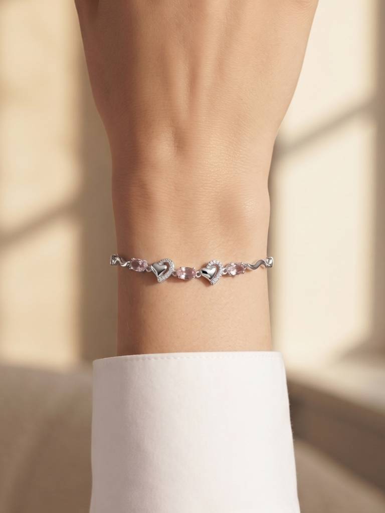 925 Silver Pink Gemstone Open Heart Bracelet For Women : BR-53