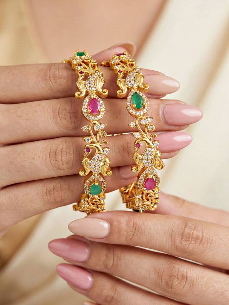 Gold Plated Laxmi Ji Idol Ad Floral Bangle For Women With Pink & Green Stones | Ethnic Wedding Festive K : 1243-C1BG-2219-2-24