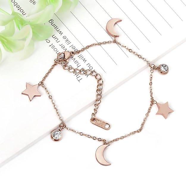Rose Gold Plated Moon Star Charm Crystal Studded Stylish Bracelet Fashion Jewellery Gift For Women & Girls : PX9B164C