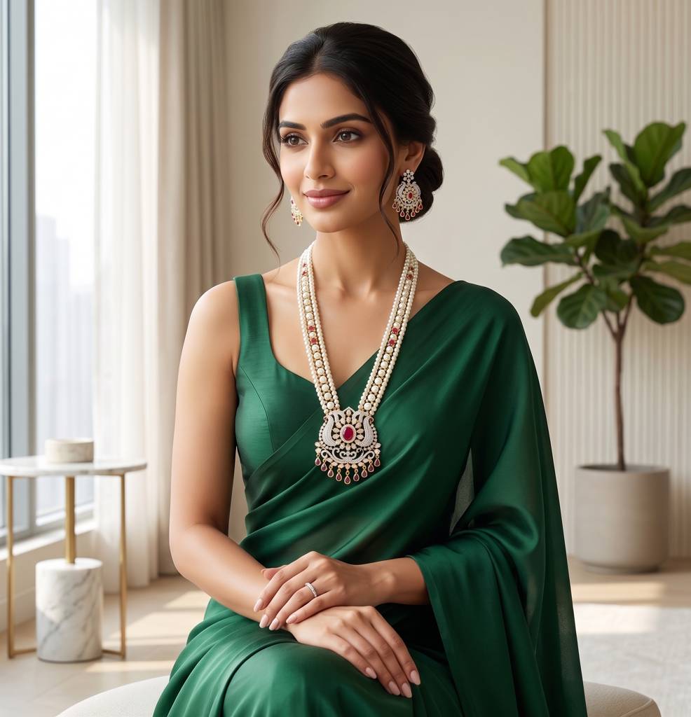 Pearl Strand Long Necklace Set With Cz Ruby Pendant : JPAPR-26-005