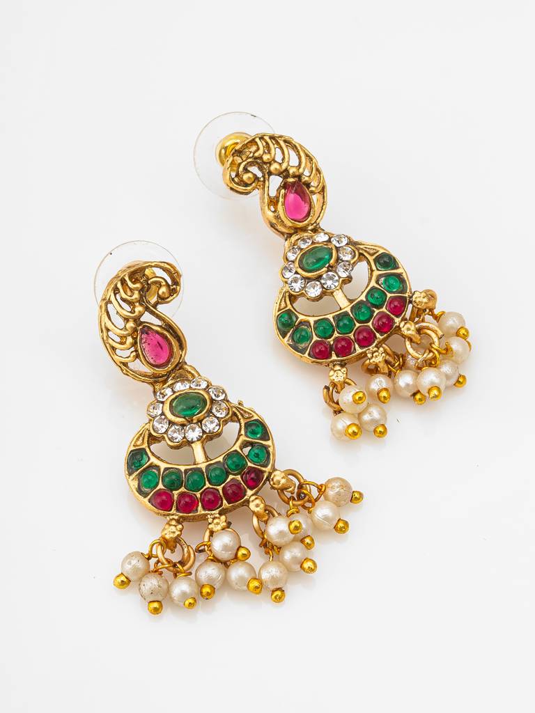 Wedding Special Antique Gold-Plated Peacock Choker Necklace Set With Chandbali Earrings In Emerald And Pearl : NK4206