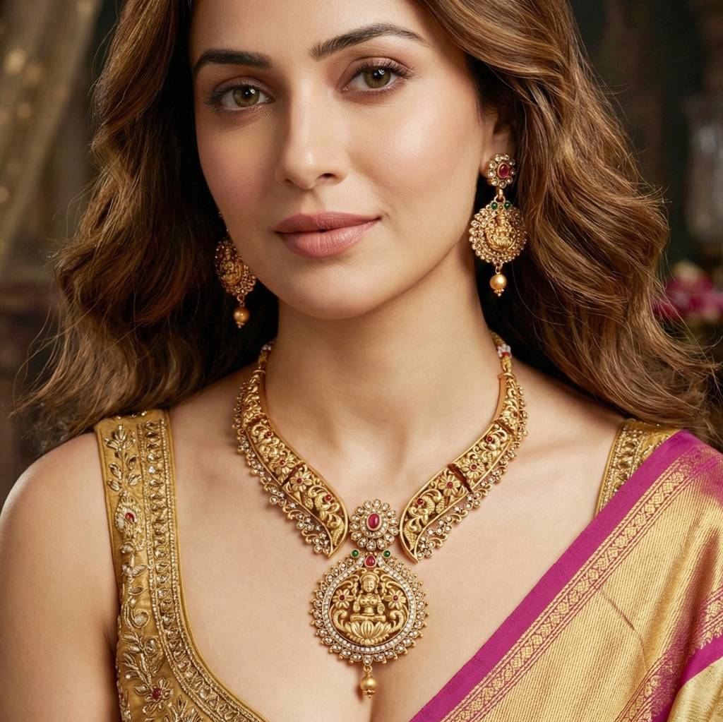 Traditional Antique Gold-Tone Temple Set With Goddess Lakshmi Pendant & Earrings. Designer Necklace With Rub : 1122-ISR-2179-R