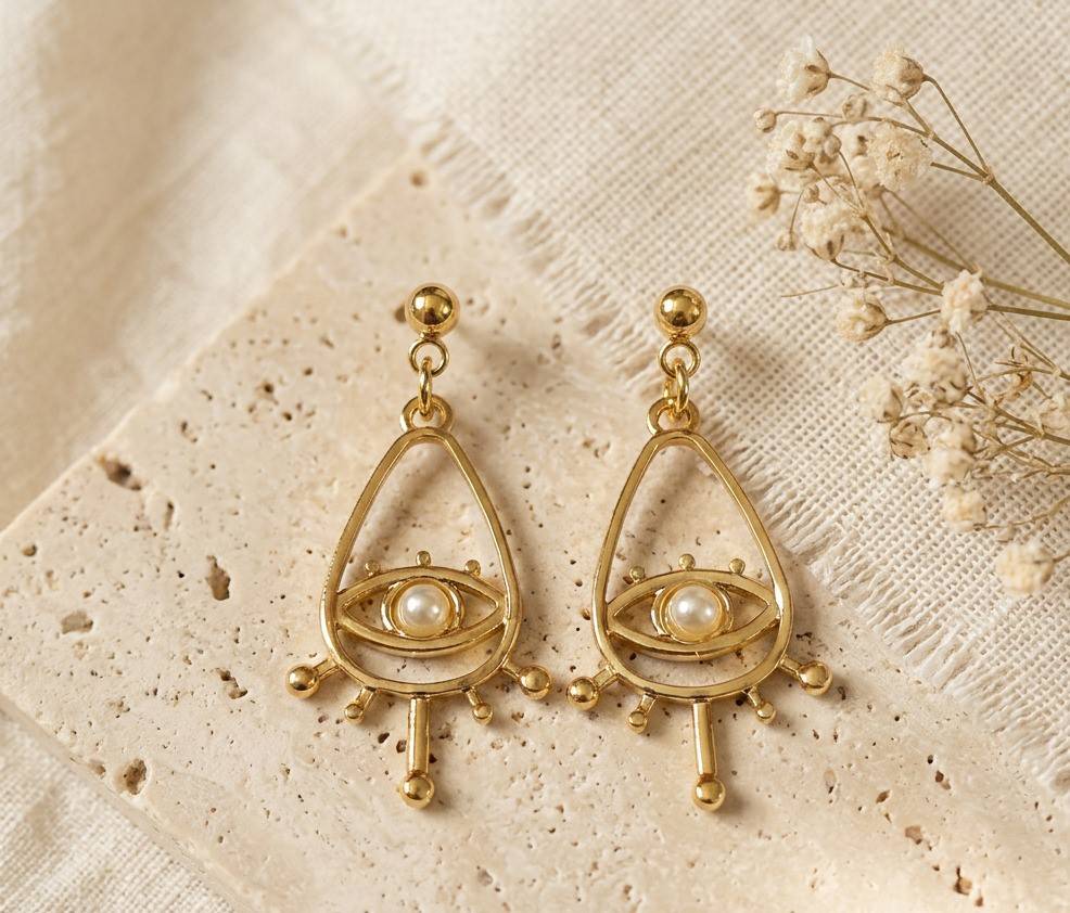 Gold Tone Evil Eye Drop Earrings For Women & Girls : HCE-649-A8292