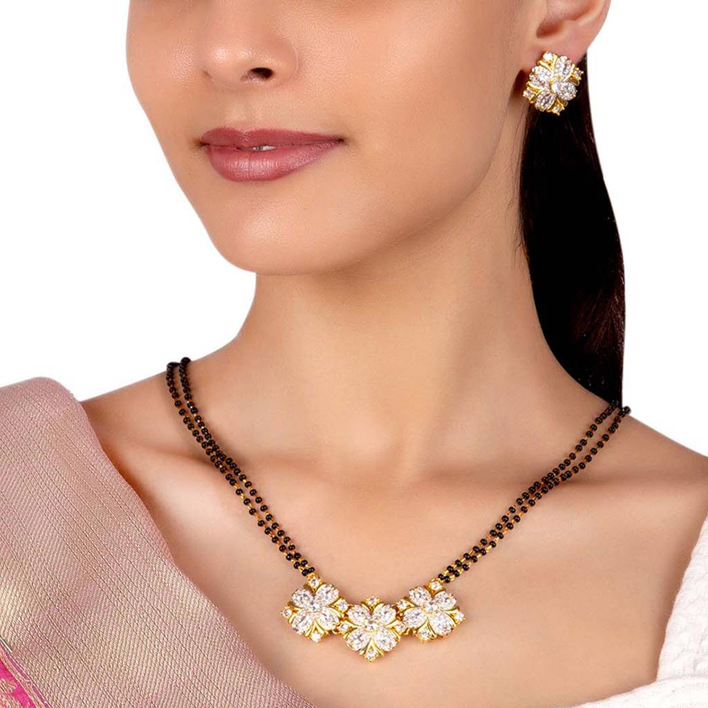 American Diamond Cz Golden Round Brass Black Beaded Mangalsutra With Earrings : 8905124429435