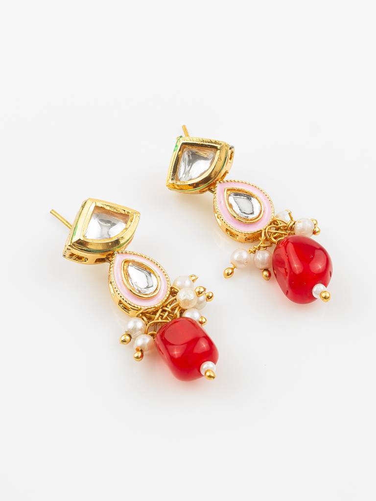 Gold Plated Red & White Kundan Beaded Necklace Set For Women : NK4724