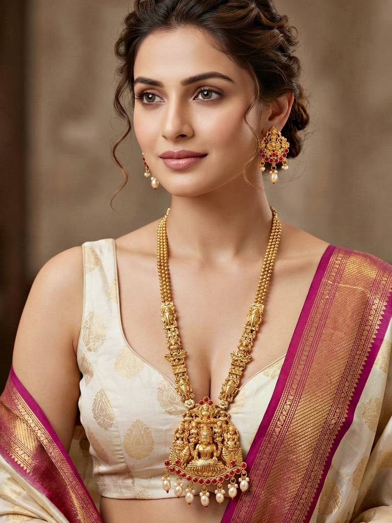 Gold-Plated Temple Jewellery Laxmi Idol Ruby Color Necklace Set With Earrings For Women | Traditional South I : 660-G2SR-196-R