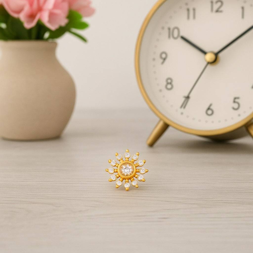 White Cz Sunburst Design Nose Pin - Sterling Silver Gold Plated : NP-00127_SW277_925S_YG