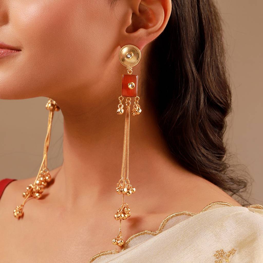 Kashmiri Orange Red Stone Gold-Toned Dangler Earrings : 8905124585049