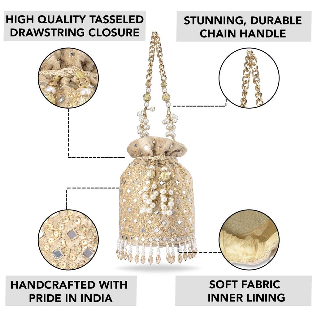 Cream Potli Purses For Women Handmade Evening Handbag Stylish Bridal Fashion Wristlet Bag For Girls (P168Crm) : P168CRM