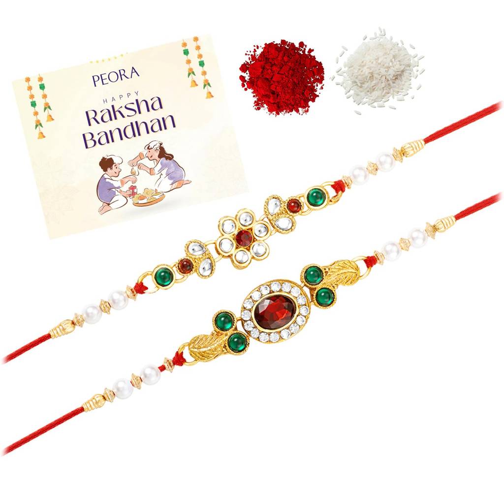 Rakhshabandhan Thread Rakhi For Brother Bhaiya | Crystals & Pearl Studded | Red Green White | Combo Pack Of 2 | Rakhi : R25C09