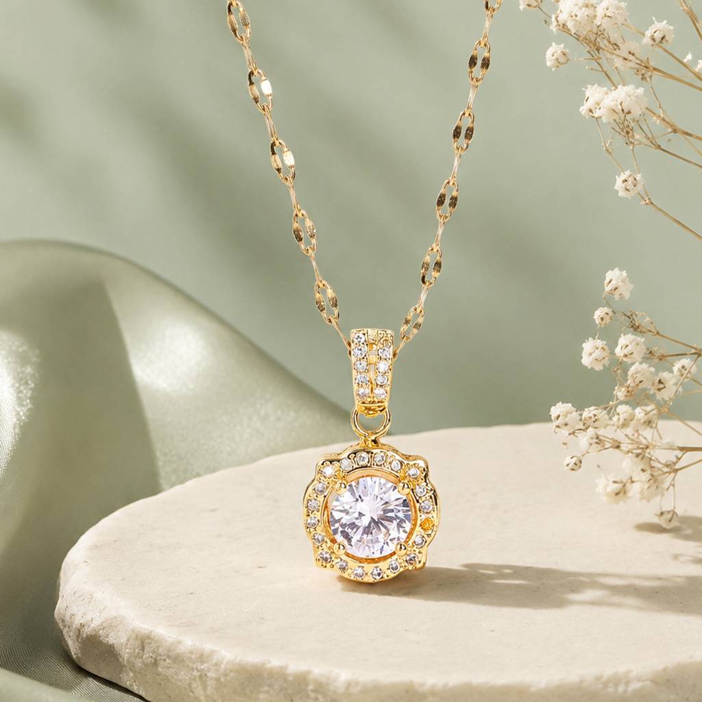 Gold Plated Crystal Halo Pendant Necklace | Classic Round Glam Design |Party Wear : CYL-005-IGWE-PENDANT