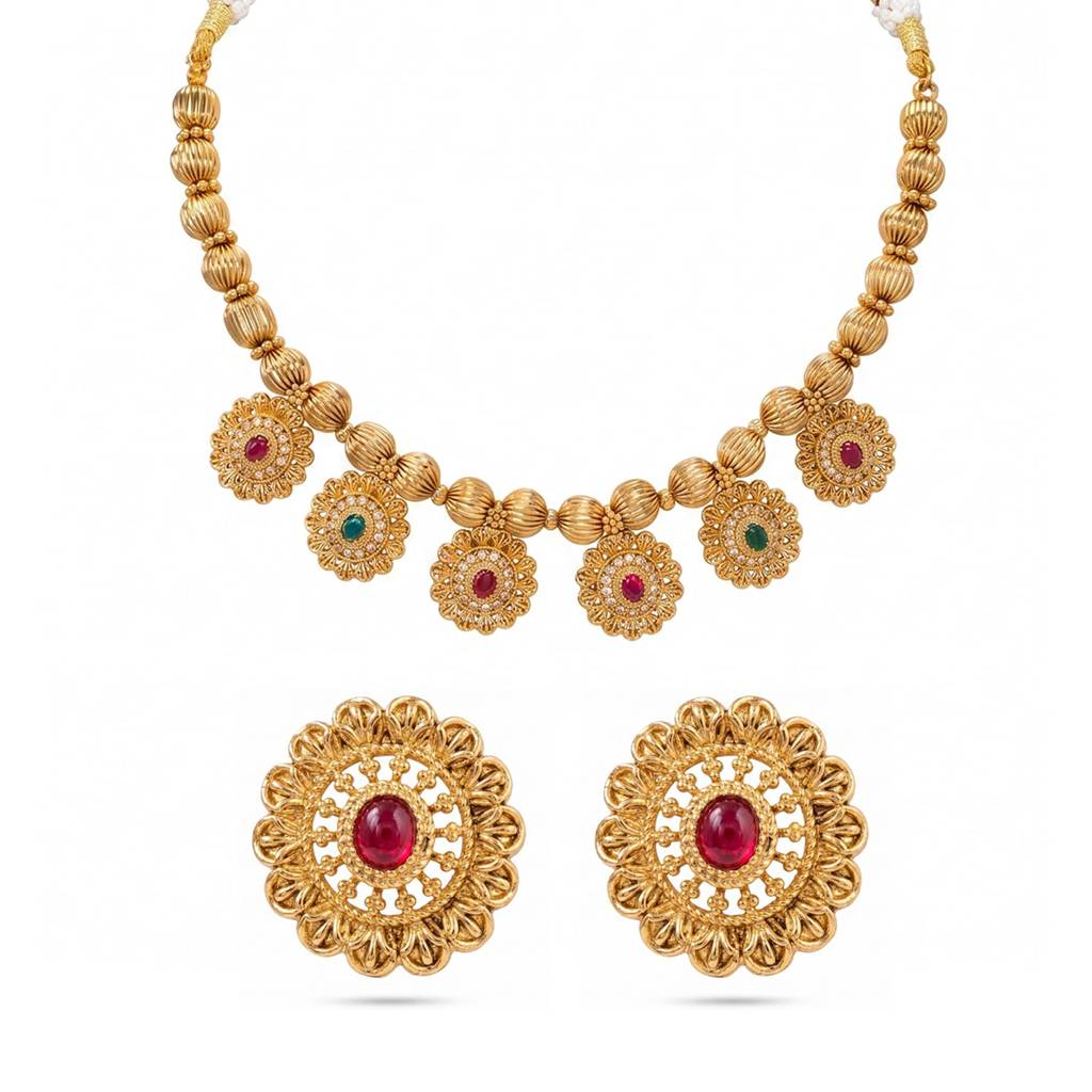 Gold Plated Traditional Necklace Earrings Set For Women | Faux Ruby & Emerald Studded | Festive & Bridal Jewellery : PF04BRC11RG