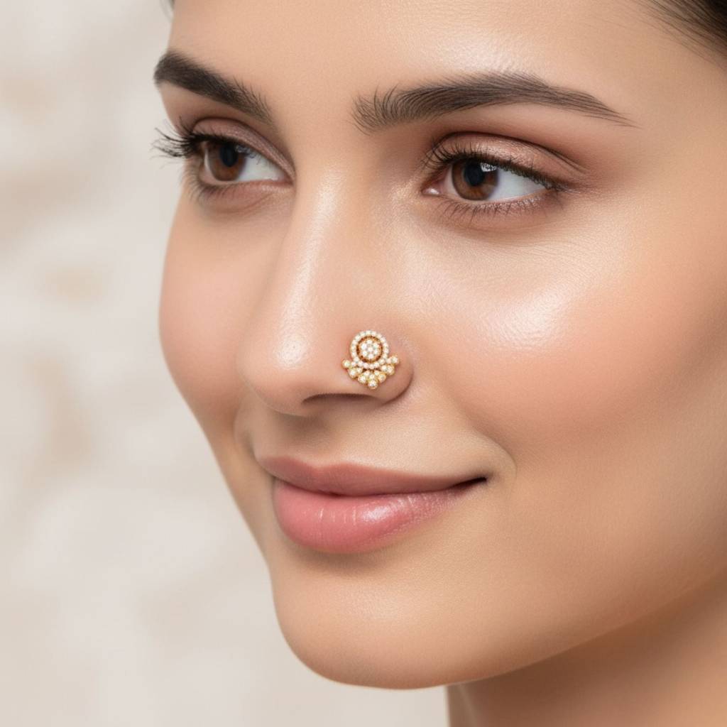White Cz Ornate Floral Mandala Nose Pin 925 Sterling Silver Gold Plated : NP-00280