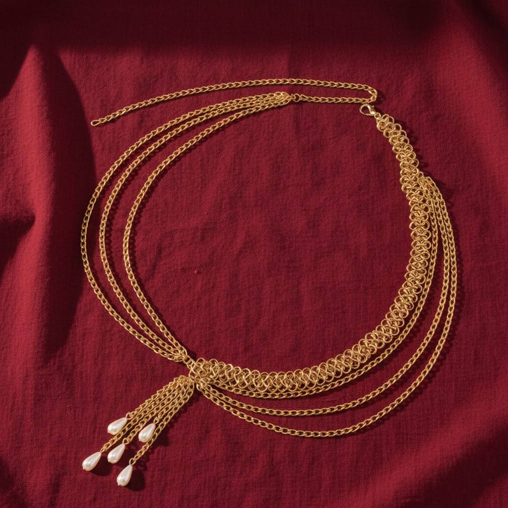 Pearl Studded Gold Plated Fancy Kamarbandh Belly Chain Waist Chain Jewellery For Women & Girls : PX9BCH79G