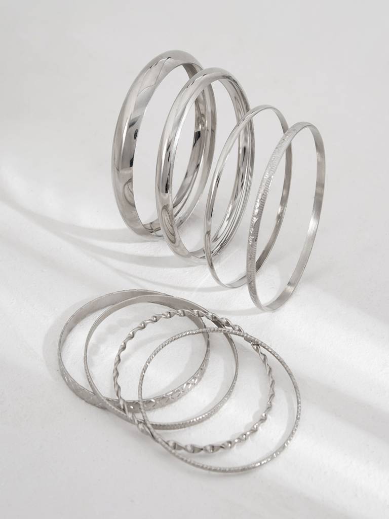 Set Of 8 - Plated Anti-Tarnish Statement Bold Bangle Stack Bracelets : ASX1225B5535S