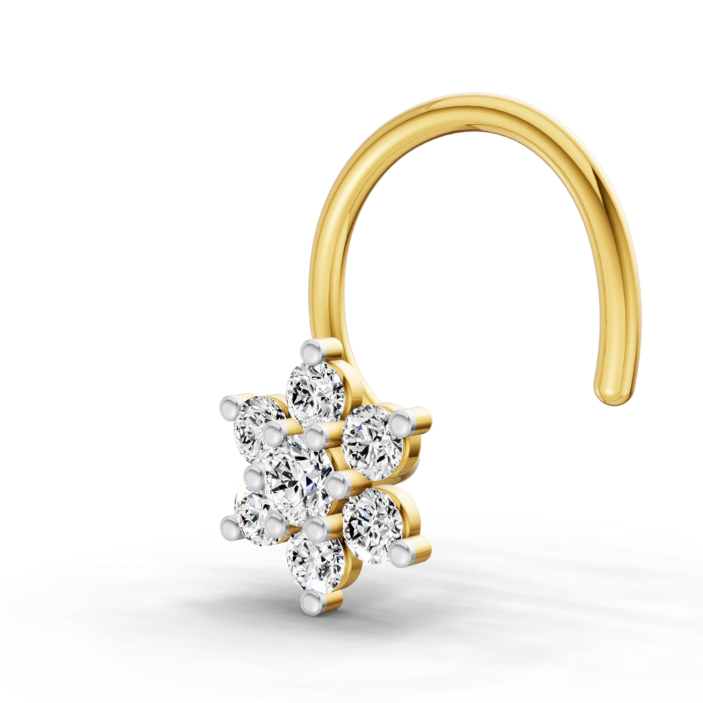 Lab Grown Diamond 0.11Ct Pear 925 Sterling Silver Gold Plated Floral Nosepin : SQNP8516-NPW-925S-0.11CT