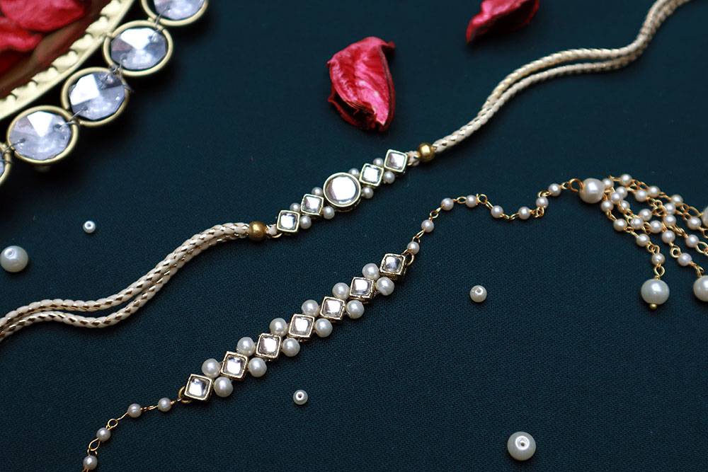 Round Kundan Rakhi And Lumba / Sister Rakhi Combo - Set Of 2 (White) : PL3