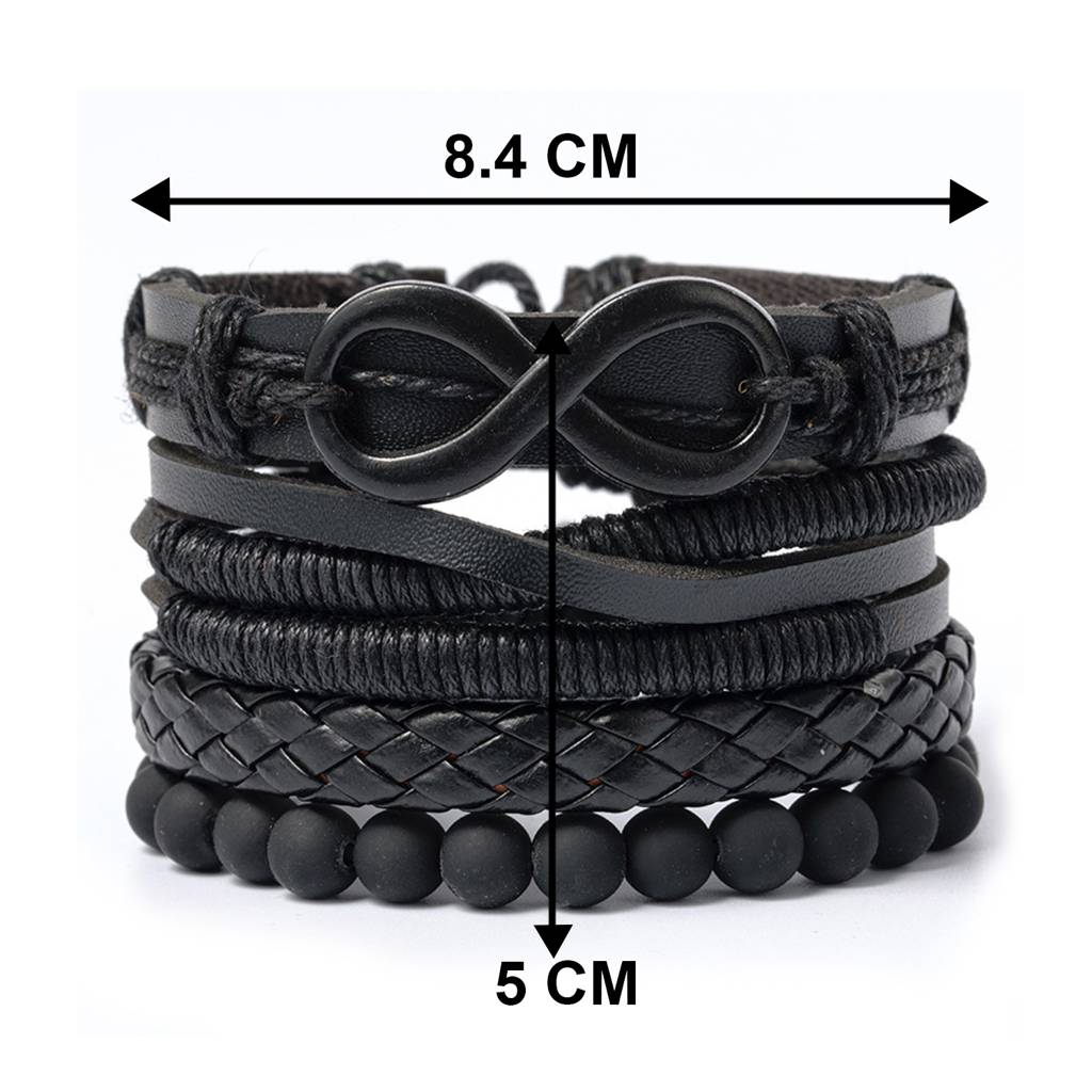 Black Leather Handmade Bracelet Fancy Casual Stylish Jewellery For Men & Boys Standard Size (Set Of 4) : PX9LB53