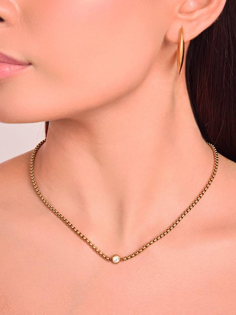 18K Gold Plated Box Chain Necklace Stainless Steel Waterproof & Anti-Tarnish : N3ASSS0G