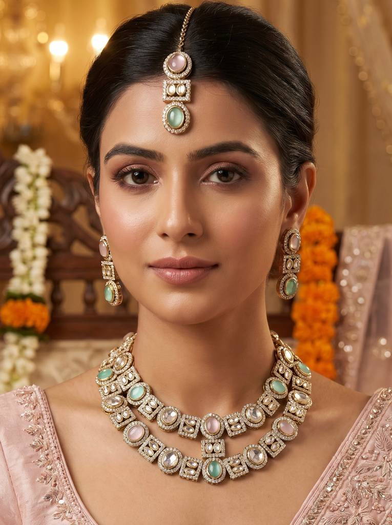 Bridal Double Layer Jewellery Set : HBN-44-MINTPINK