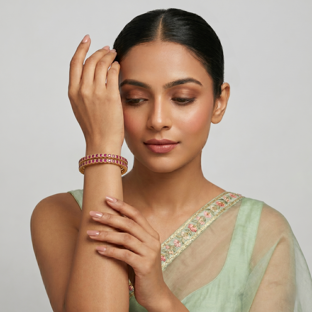 Elegant 18K Gold Plated Ruby Stone Bangle Set | Traditional Ruby-Style Ethnic Jewelry For Women (Set Of 2) : TP2492R_2-4