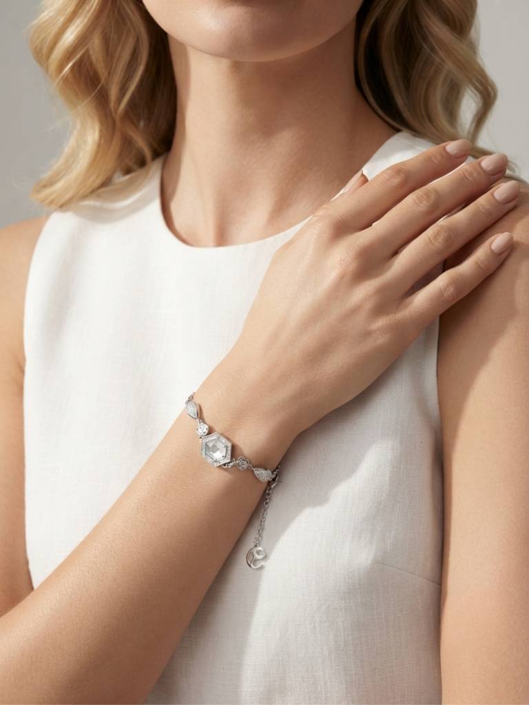 925 Silver Hexagonal Crystal Rose Bracelet For Women : BR-70