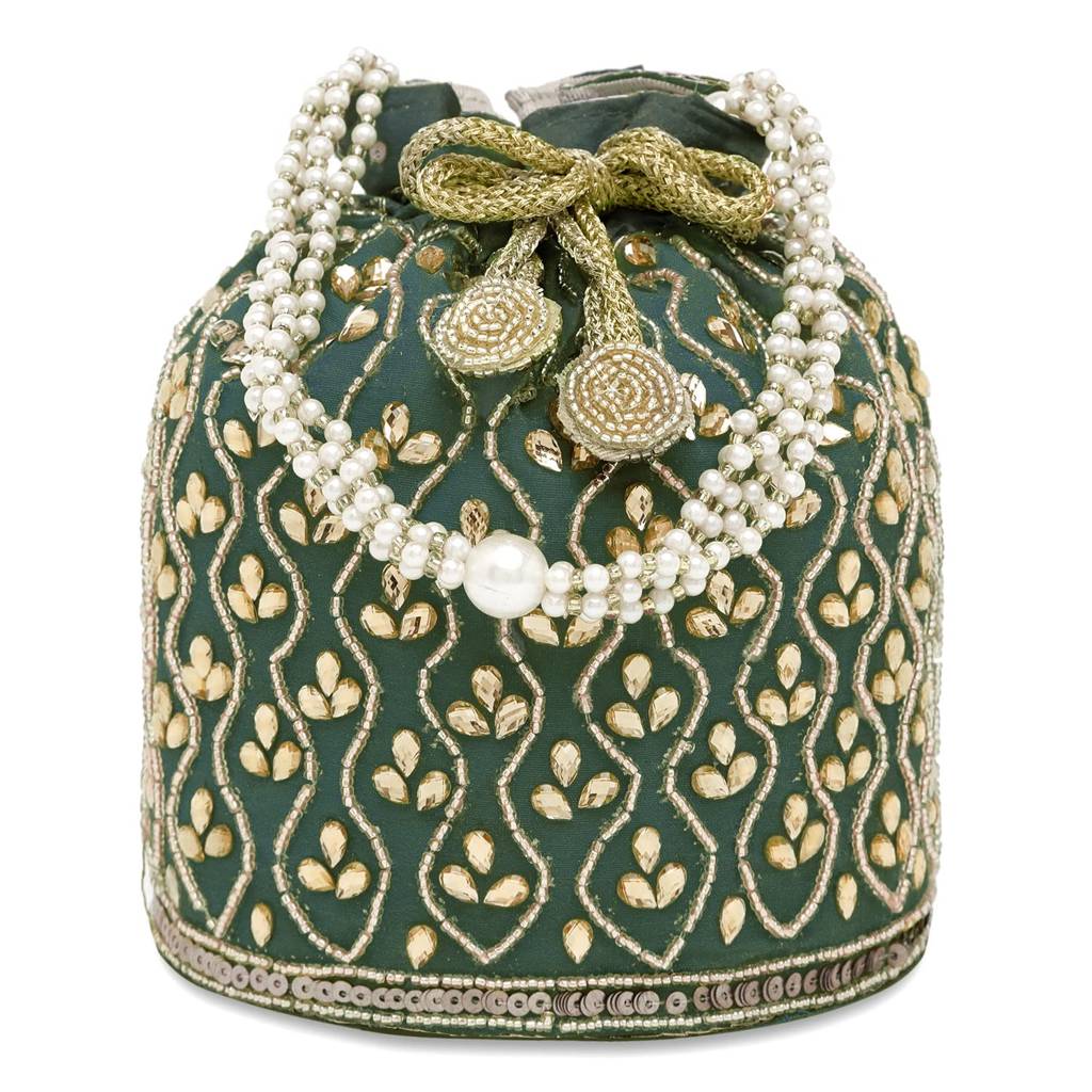 Potli Bag For Women Handmade Evening Wristlet Handbag Stylish Bridal Purse Fashion Bag For Girls (P88B) : P88GRN