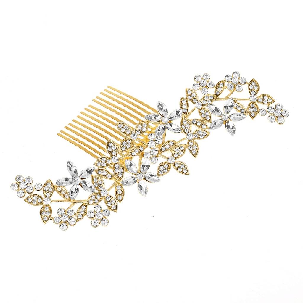 Gold Plated Floral Cubic Zirconia Studded Hair Comb Slides Stylish Hair Accessories Jewellery For Women & Girls : PX9HJ08