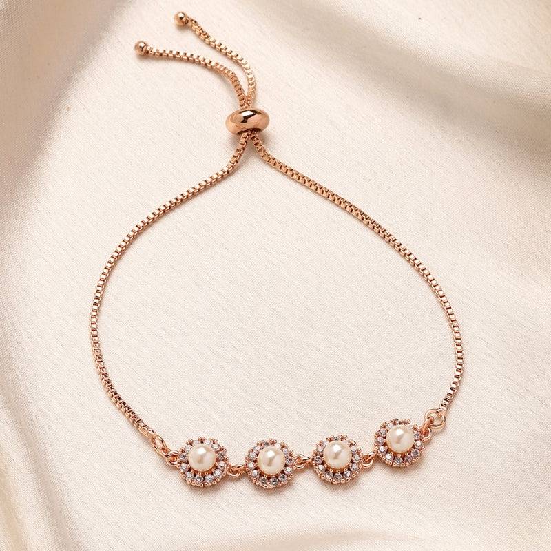 Elegant Designer Cz Crystal & Pearl Chain Bracelet – Daily & Party Look : AD-132-RGBR