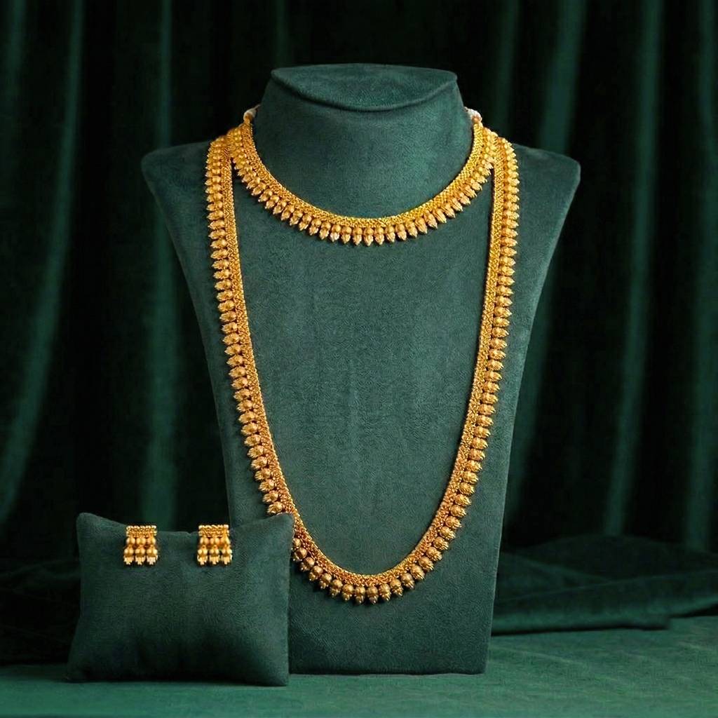Short & Long Necklace Earrings Bridal Set For Women | Gold Plated | Maharani Haar South Indian Traditional Temple J : PF04BR05