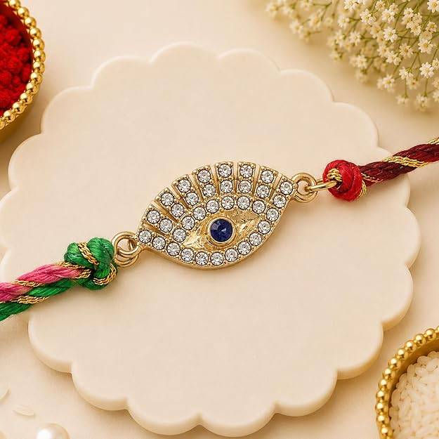 Gold Plated Sacred Evil Eye Rakhi With Austrian Crystals & Enamel And Multi Colored Silk Thread : 132-IG-RAKHI