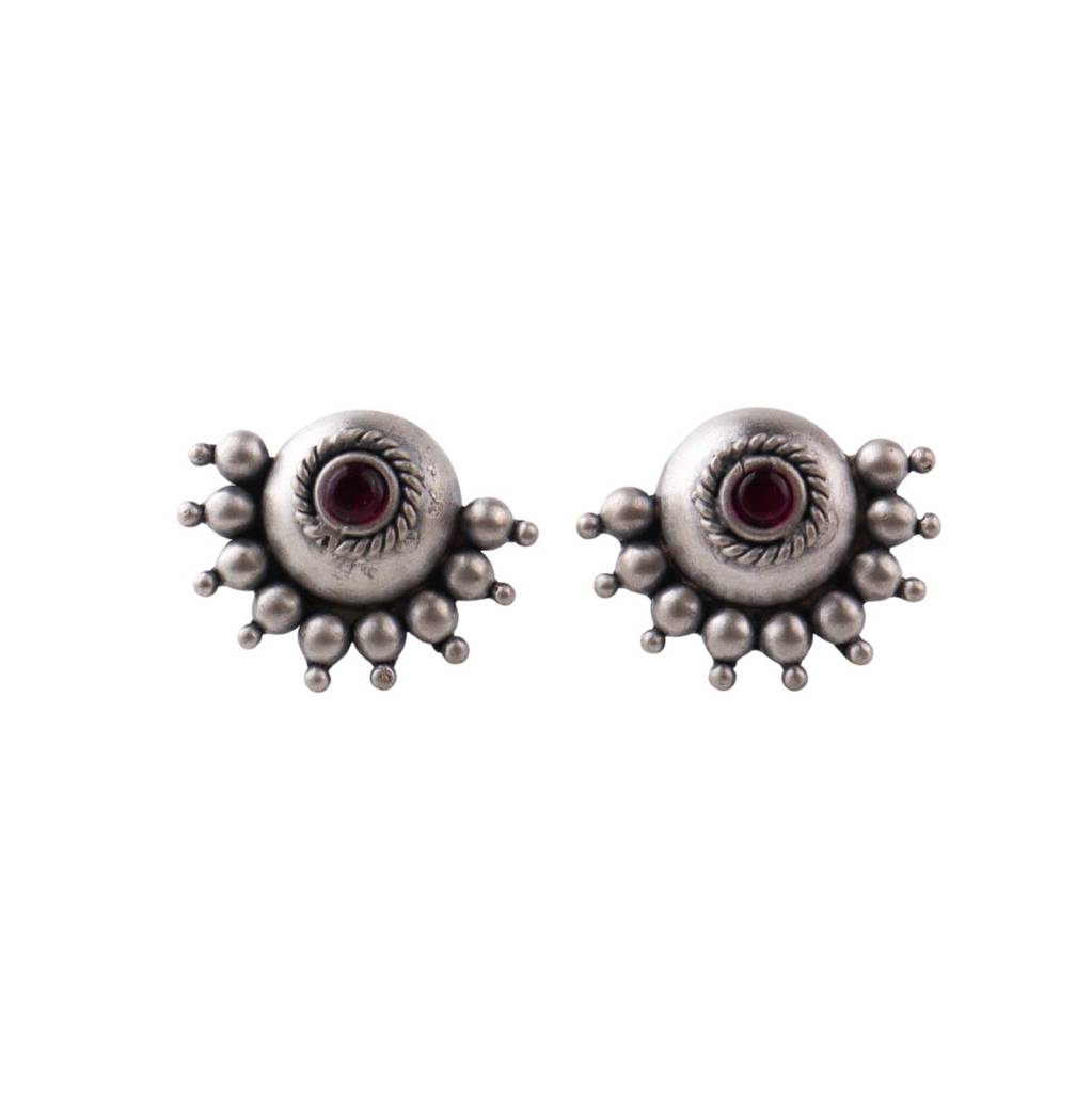 Silver Oxidized Dome Earring With Kempu Stone : Silver_Oxydised_Dome_Earring_with_kempu_stone_29Dec2025
