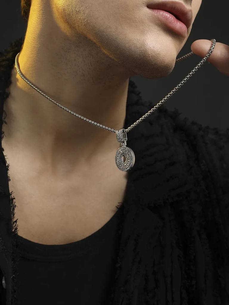 Men'S Embellished Alphabet Pendant Necklace - Silver : FANC1071-O