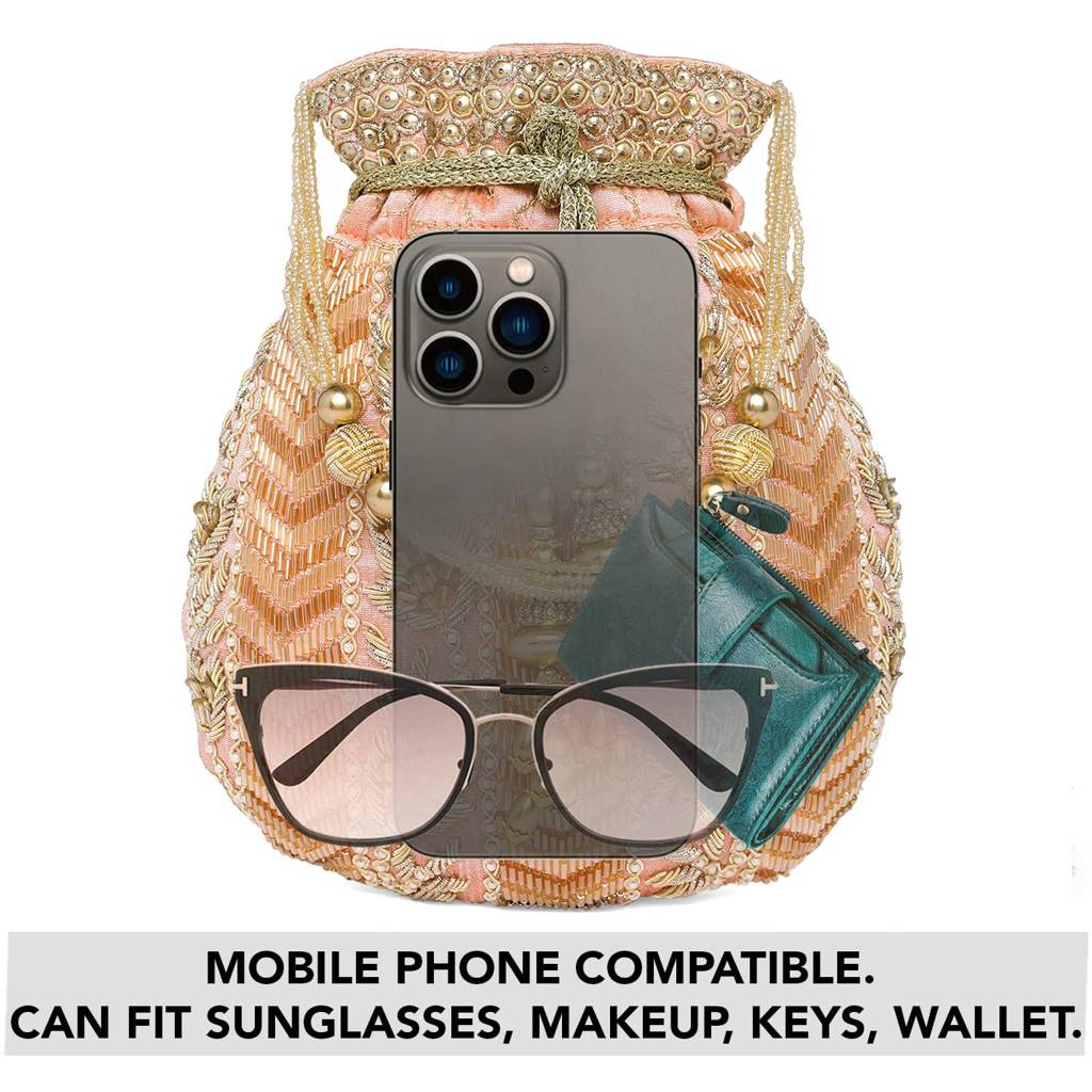 Potli Bag For Women Handmade Evening Wristlet Handbag Stylish Bridal Purse Fashion Bag For Girls (P128Crm) : P128PK