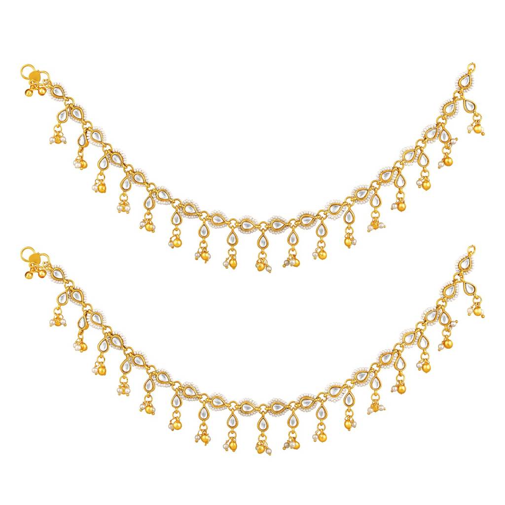 Gold Plated White Kundan & Beads Studded Ethnic Anklet Traditional Payal Jewellery For Women : PF104AL03W
