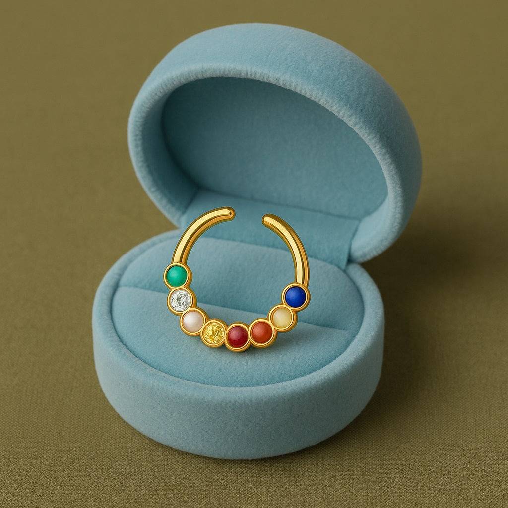 Navratna Nine Gemstone Crescent Septum Nose Pin 925 Sterling Silver Gold Plated : 0007-NP-snp-0059