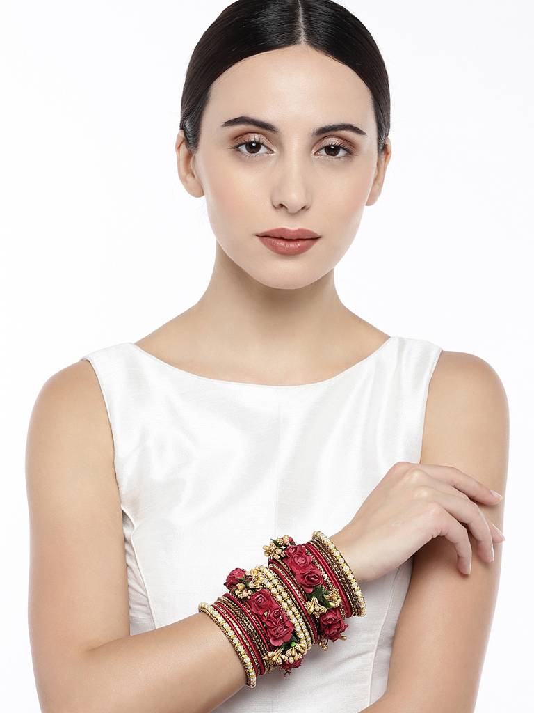 Golden Rose Flowers Decorative Bangle Set Bridal Chuda Indian Ethnic Jewellery For Women : PF51B22R