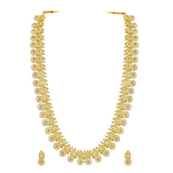 Ethnic Long Necklace Earrings For Women & Girls Gold Plated Cubic Zirconia Studded Festive Temple Jewellery Birthd : PF47N45RG