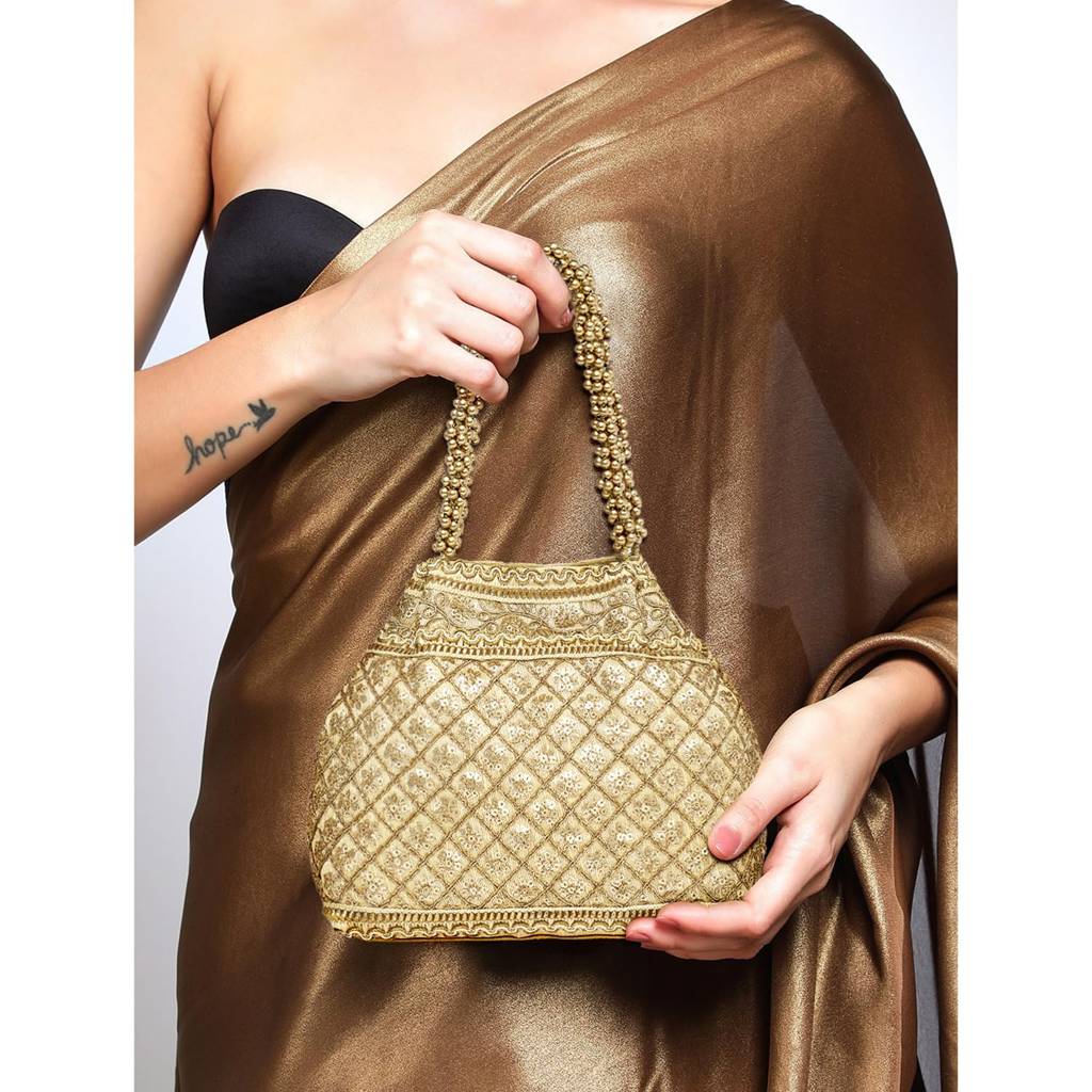 Cream Patterned Potli Bag Ethnic Wristlet Purse For Women & Girls : P121CRM