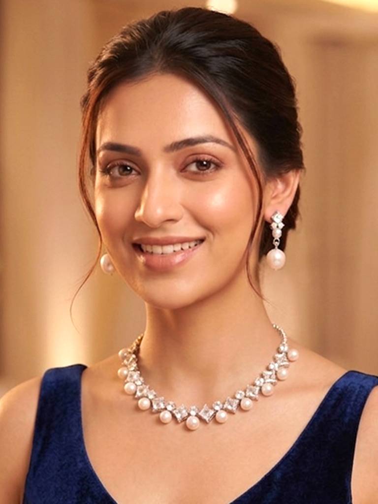 Silver Plated Crystal & Pearl Studded Necklace And Drop Earring Jewellery Set Gift For Women : PX9N130