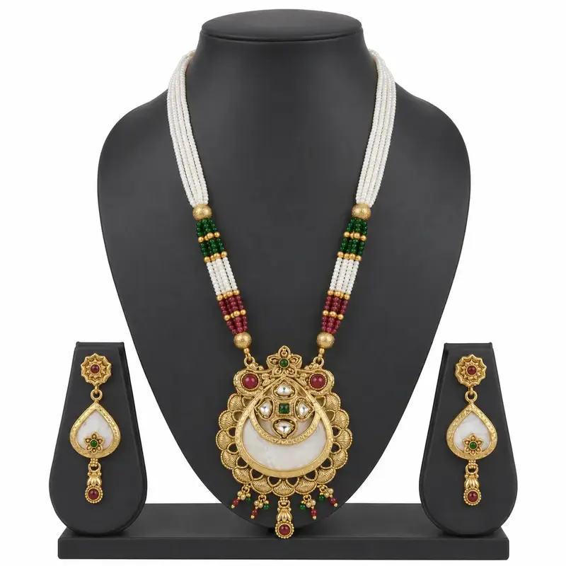 Matte Gold Temple Pendant Necklace Set | Ruby Green White Beads | Crescent Design : OSLFJ-012-IGMC-NKER