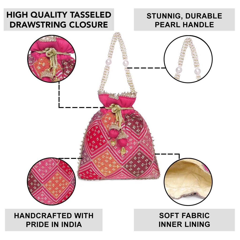Zari Sequence Potli Bag For Women Stylish Handmade Wristlet Handbag Bridal Purse : P26RP-F