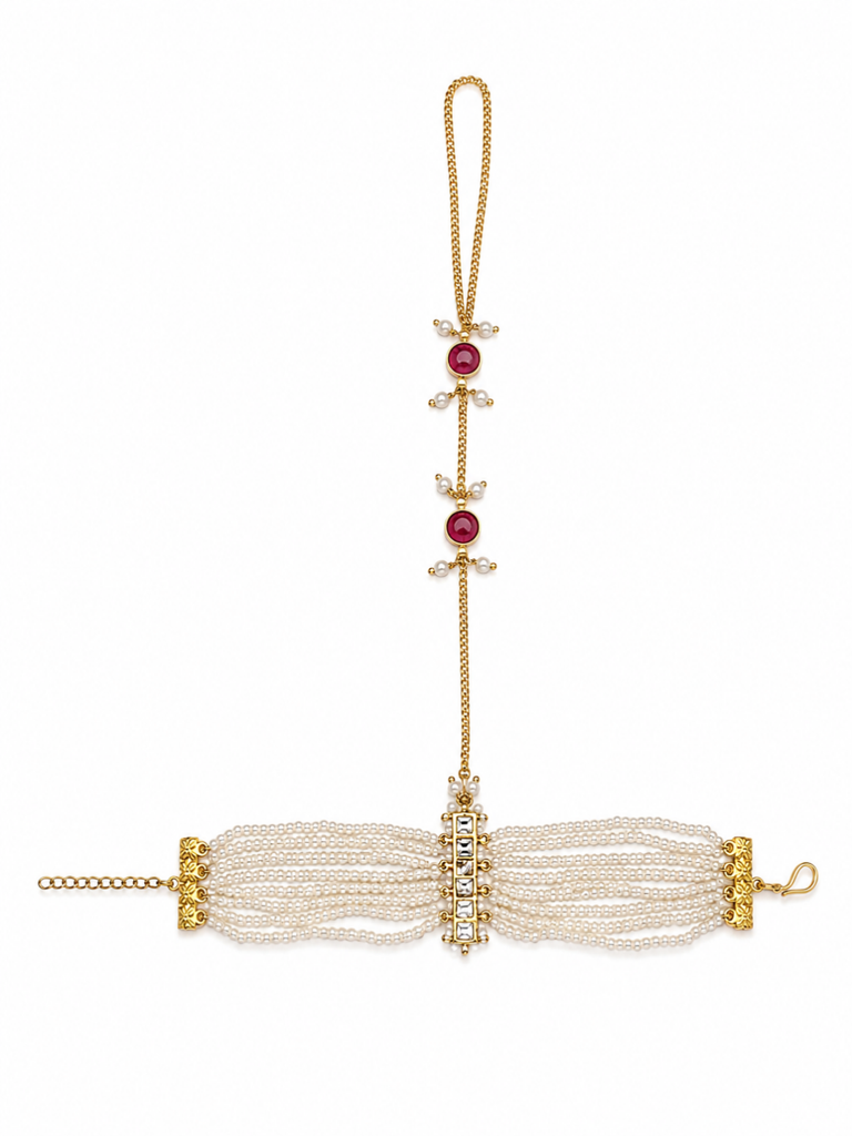 Pearl Cuff Kundan Hathphool Adjustable Bracelet : YI24A1034B